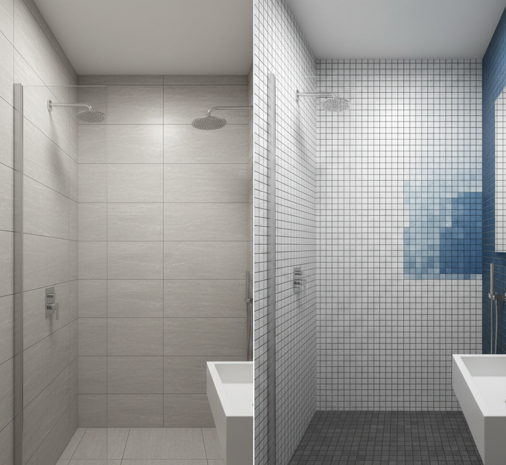 寬敞明亮的浴室空間，鋪設淺灰色大尺寸瓷磚
圖片建議：浴室牆面採用木紋磚，營造溫暖自然的氛圍。