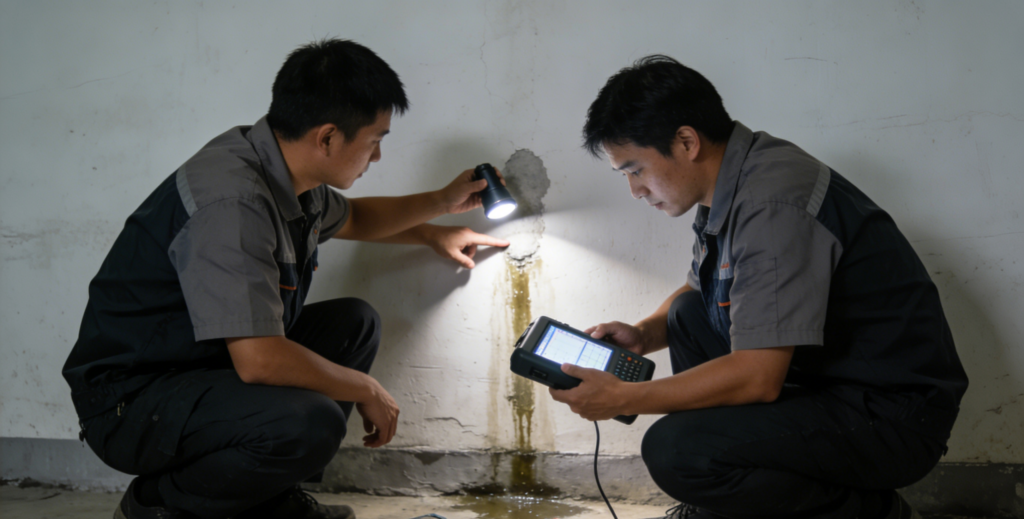  設計師檢查窗戶滲水